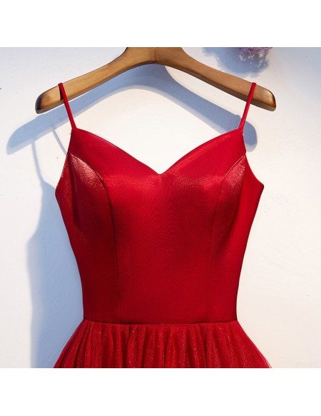 Simple Red Tulle Tea Length Party Dress With Straps