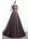 Unique Black Sparkly Tulle Aline Prom Dress With Tulle Sleeves