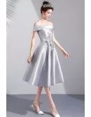 Silver Satin Knee Length Cute Party Dress Off Shoulder With Embroidery