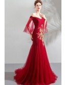 Burgundy Fitted Mermaid Long Tulle Formal Dress Off Shoulder With Embroidery
