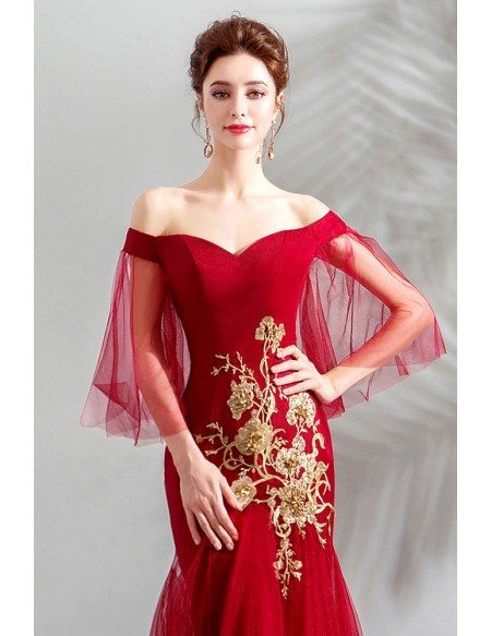 Burgundy Fitted Mermaid Long Tulle Formal Dress Off Shoulder With Embroidery
