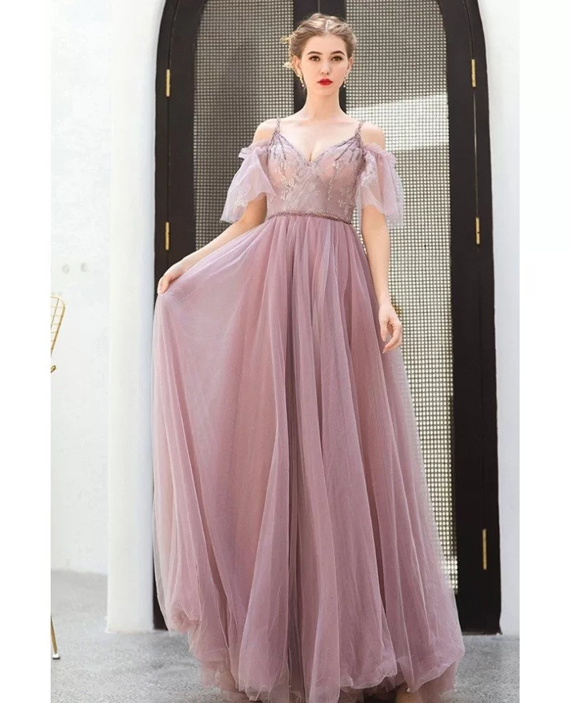 Gorgeous Purple Vneck Long Tulle Prom Dress With Straps Cold Shoulder ...