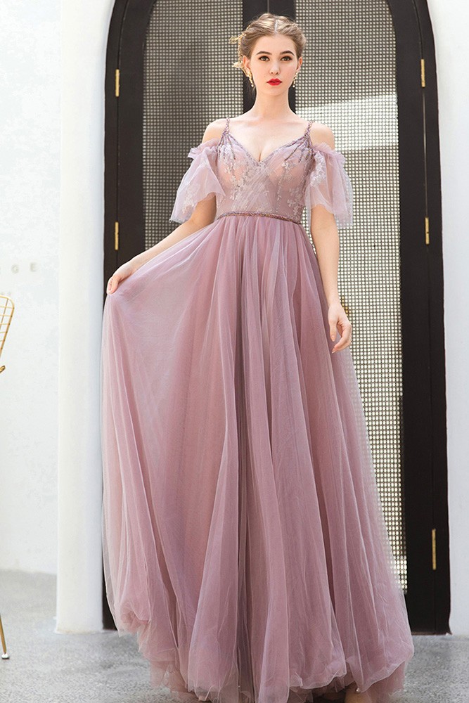 Gorgeous Purple Vneck Long Tulle Prom Dress With Straps Cold Shoulder ...