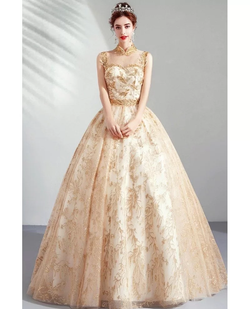 Harris Prom Dress Glitter Embellished Ballgown 740068EX-Gold/Champagne –  PromDiva