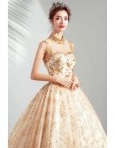 Luxury Gold Sparkly Big Ballgown Formal Prom Dress Pageant With Collar