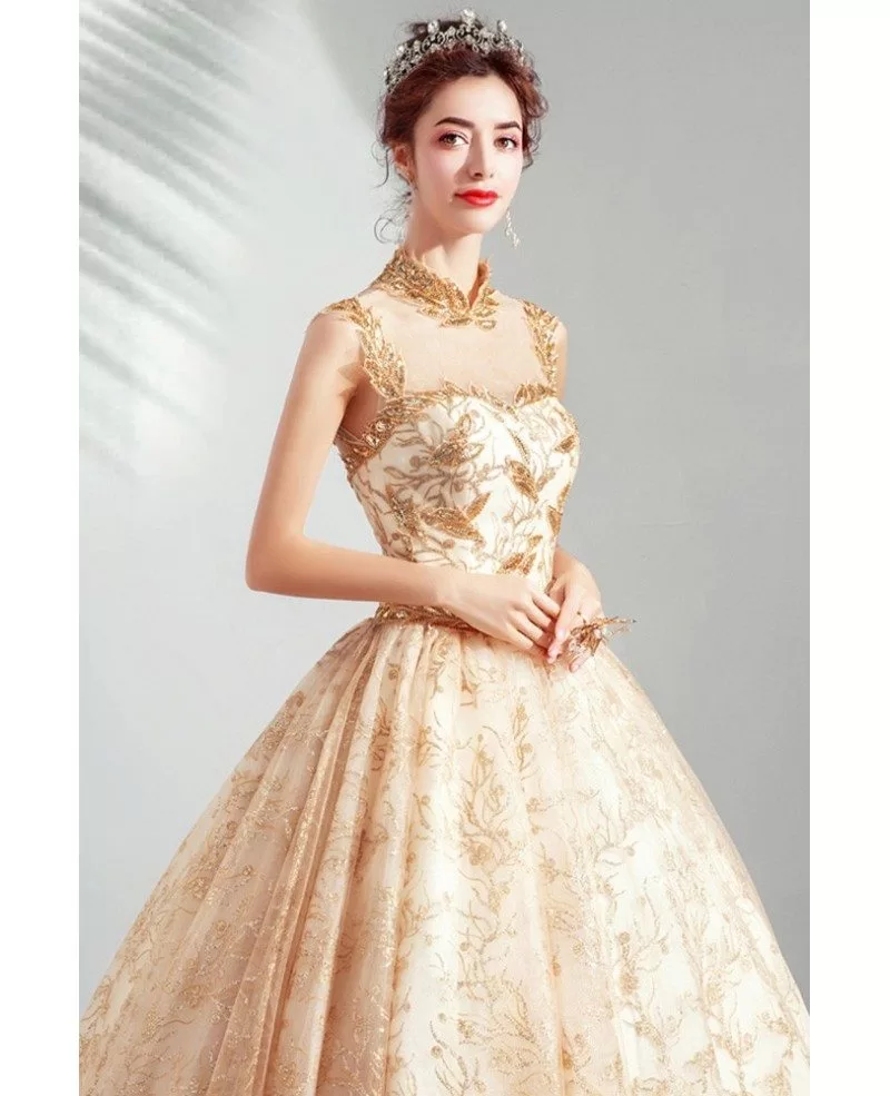 Luxury Gold Sparkly Big Ballgown Formal Prom Dress Pageant With Collar Wholesale T Gemgrace Com