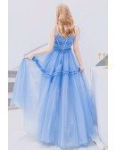 Blue Long Tulle Cute Prom Party Dress With Spaghetti Straps