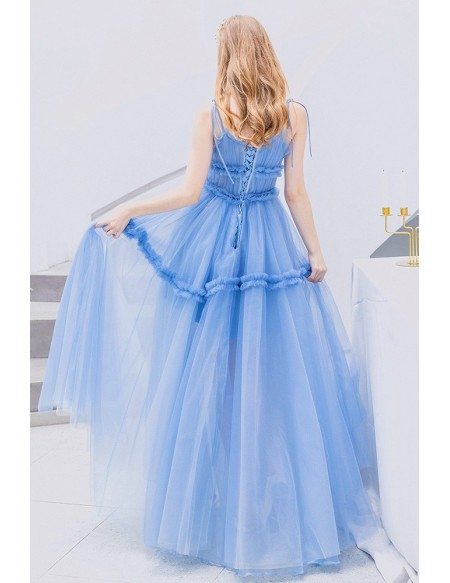 Blue Long Tulle Cute Prom Party Dress With Spaghetti Straps