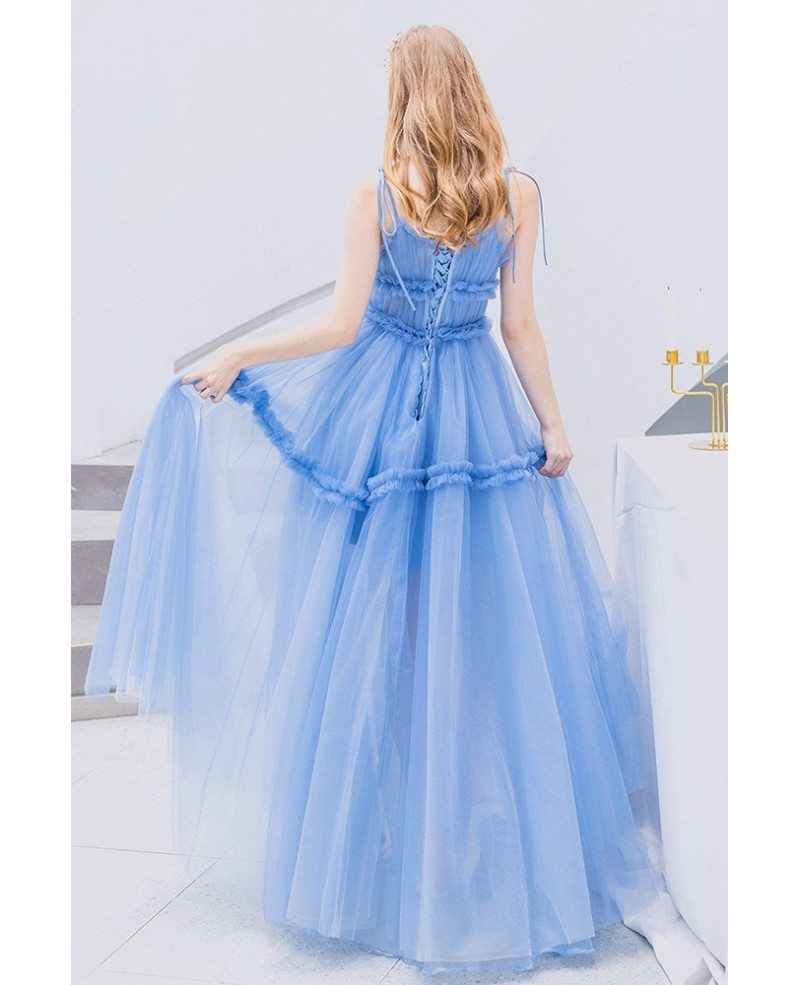 Blue Long Tulle Cute Prom Party Dress With Spaghetti Straps Wholesale # ...