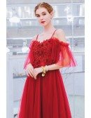 Burgundy Red Flowy Tulle Prom Dress With Spaghetti Straps