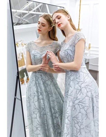Modest Silver Sequins Aline Long Prom Dress With Cap Sleeves Sash