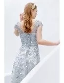 Modest Silver Sequins Aline Long Prom Dress With Cap Sleeves Sash