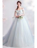 Fairy Light Blue Petals Flower Prom Dress Ballgown With Off Shoulder