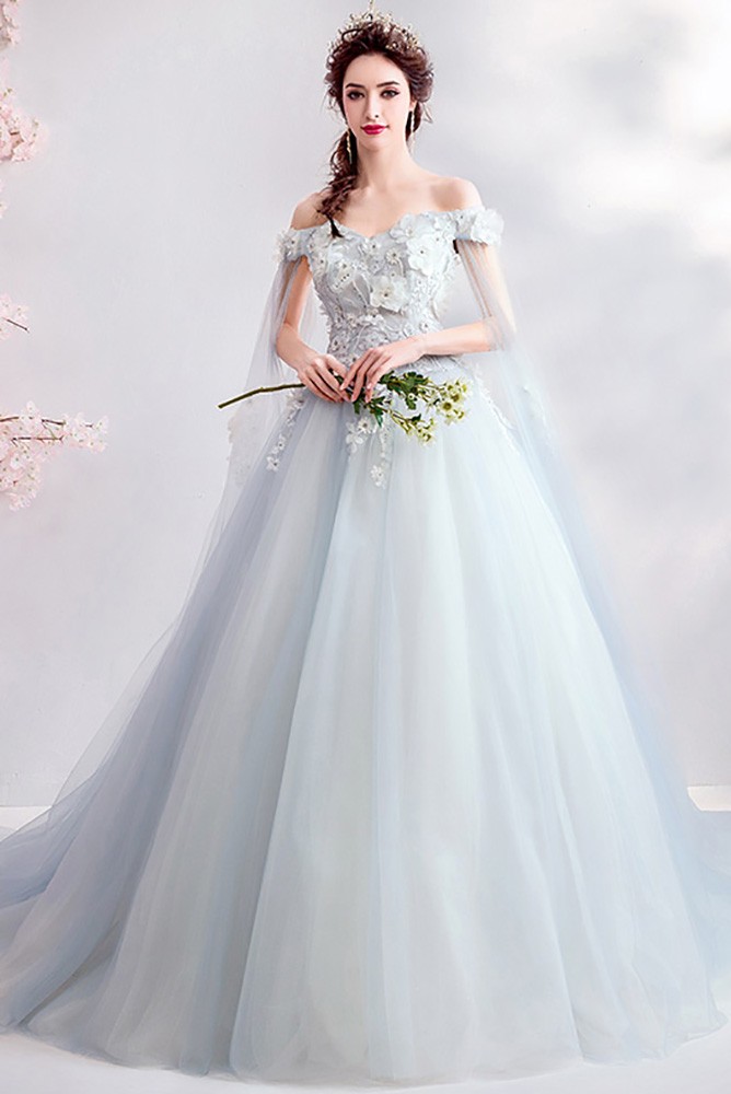 Fairy Light Blue Petals Flower Prom Dress Ballgown With Off Shoulder ...