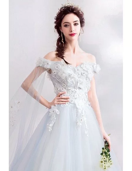 Fairy Light Blue Petals Flower Prom Dress Ballgown With Off Shoulder