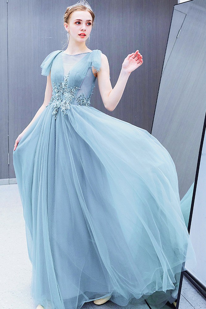 Blue Tulle Sheer Neck Party Prom Dress With Beaded Lace Wholesale # ...