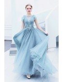 Blue Tulle Sheer Neck Party Prom Dress With Beaded Lace