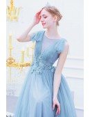 Blue Tulle Sheer Neck Party Prom Dress With Beaded Lace