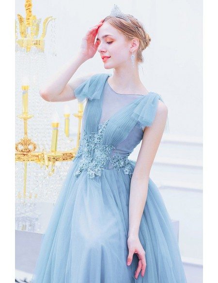 Blue Tulle Sheer Neck Party Prom Dress With Beaded Lace Wholesale # ...