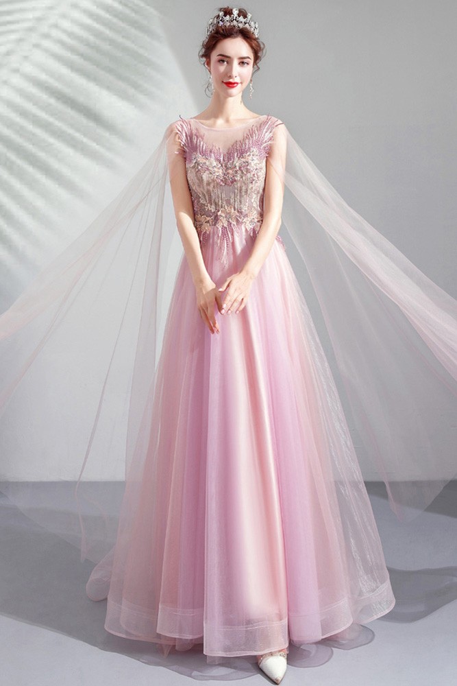 Peach Pink Tulle Aline Prom Formal Dress Sheer Neck With Flowy Cape ...