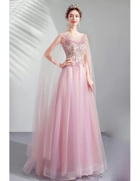 Peach Pink Tulle Aline Prom Formal Dress Sheer Neck With Flowy Cape ...