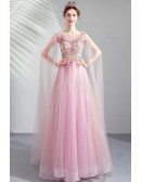 Peach Pink Tulle Aline Prom Formal Dress Sheer Neck With Flowy Cape