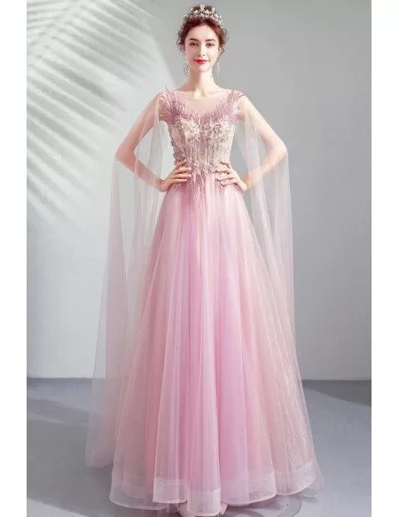 Peach Pink Tulle Aline Prom Formal Dress Sheer Neck With Flowy Cape
