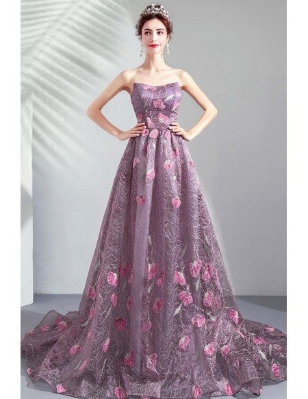 Dreamy Roses Flowers Purple Tulle Prom Dress Strapless With Train