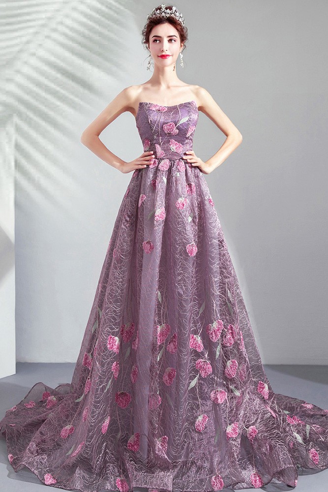Dreamy Roses Flowers Purple Tulle Prom Dress Strapless With Train ...