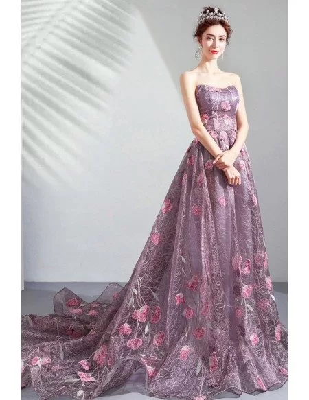 Dreamy Roses Flowers Purple Tulle Prom Dress Strapless With Train