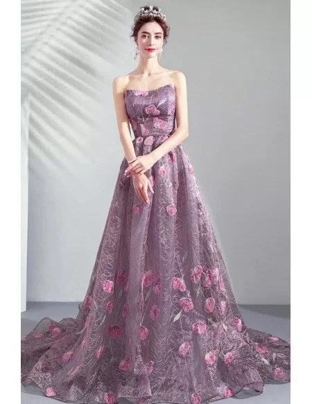 Dreamy Roses Flowers Purple Tulle Prom Dress Strapless With Train ...