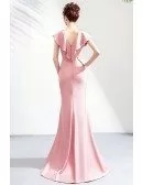 Elegant Pink Satin Mermaid Evening Dress Formal With Cape Sleeves Beadings