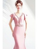 Elegant Pink Satin Mermaid Evening Dress Formal With Cape Sleeves Beadings
