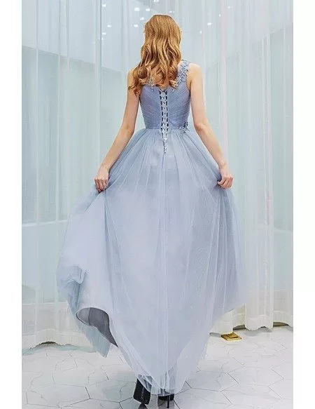 Light Grey Tulle Long Vneck Prom Dress With Pleated Top