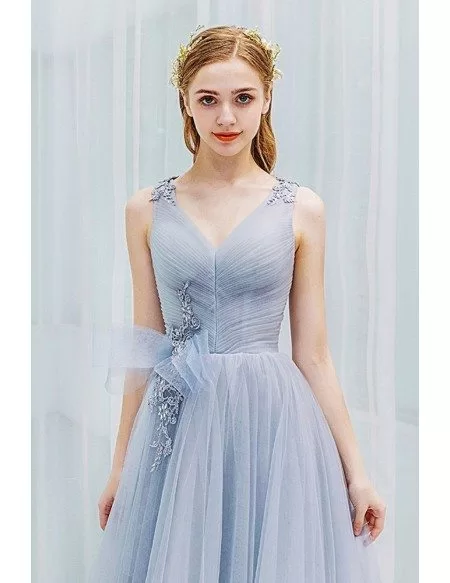 Light Grey Tulle Long Vneck Prom Dress With Pleated Top