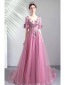 Fairy Beaded Flowers Purple Prom Dress With Puffy Sleeves Long Train