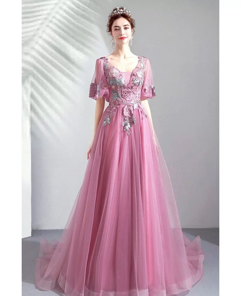 Fairy Beaded Flowers Purple Prom Dress With Puffy Sleeves Long Train ...