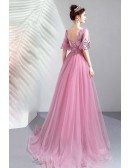 Fairy Beaded Flowers Purple Prom Dress With Puffy Sleeves Long Train