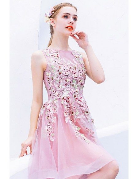 Cute Pink Beaded Flowers Short Tulle Prom Hoco Dress Sleeveless