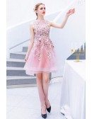 Cute Pink Beaded Flowers Short Tulle Prom Hoco Dress Sleeveless