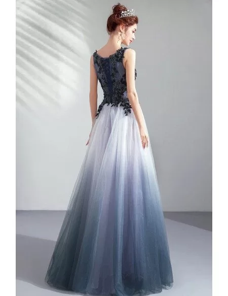 Fantasy Ombre Blue Organza Long Prom Dress With Embroidery Stones