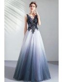 Fantasy Ombre Blue Organza Long Prom Dress With Embroidery Stones