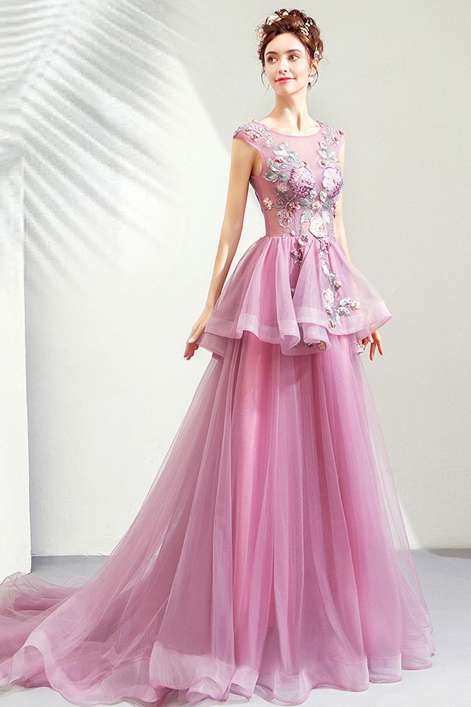 Elegant Purple Tulle Long Formal Dress Pageant Gown With Flowers ...