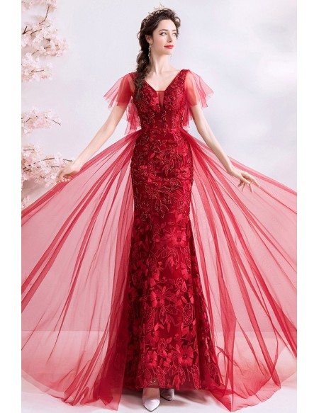 Burgundy Red Lace Mermaid Long Party Dress With Tulle Sleeves