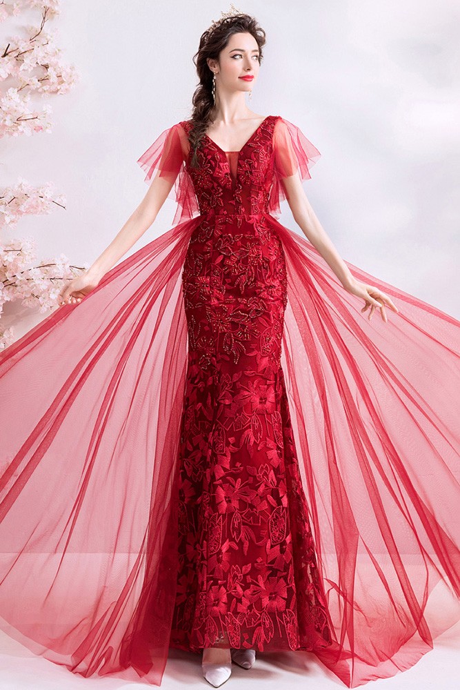 Burgundy Red Lace Mermaid Long Party Dress With Tulle Sleeves Wholesale ...