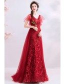 Burgundy Red Lace Mermaid Long Party Dress With Tulle Sleeves