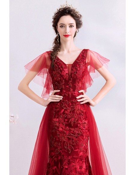 Burgundy Red Lace Mermaid Long Party Dress With Tulle Sleeves Wholesale ...