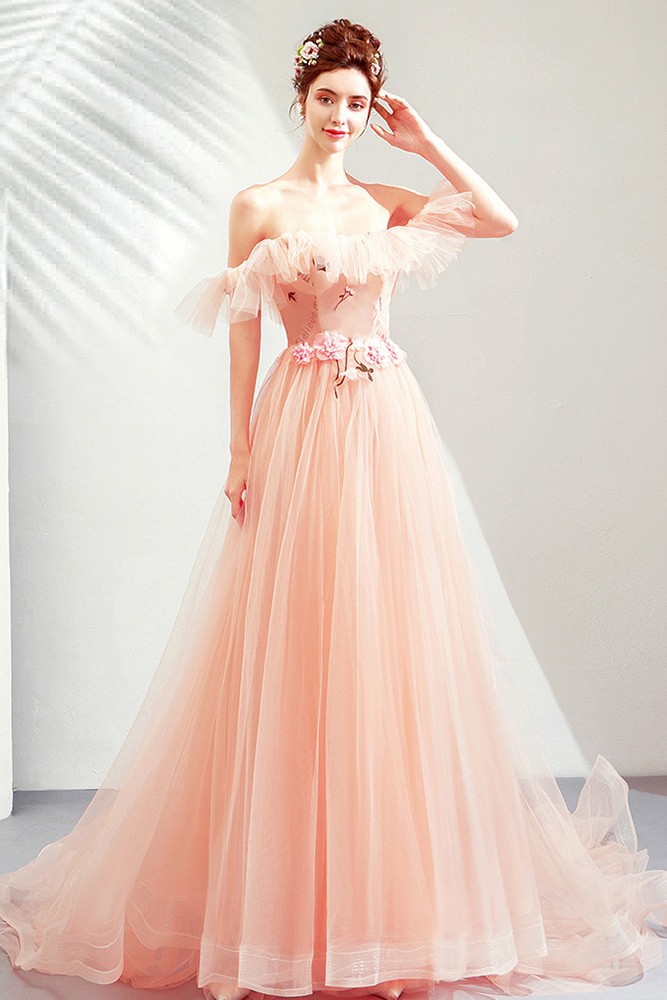 Off The Shoulder Pink Fairy Dress Long Prom Dress Y2683 – Simplepromdress