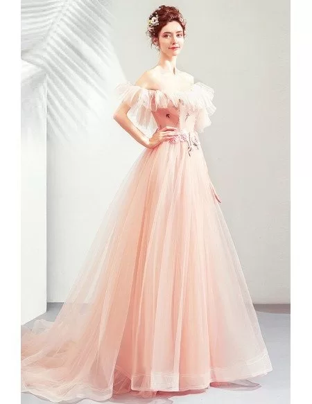 Fairy Pink Tulle Off Shoulder Cute Prom Dress Long With Train