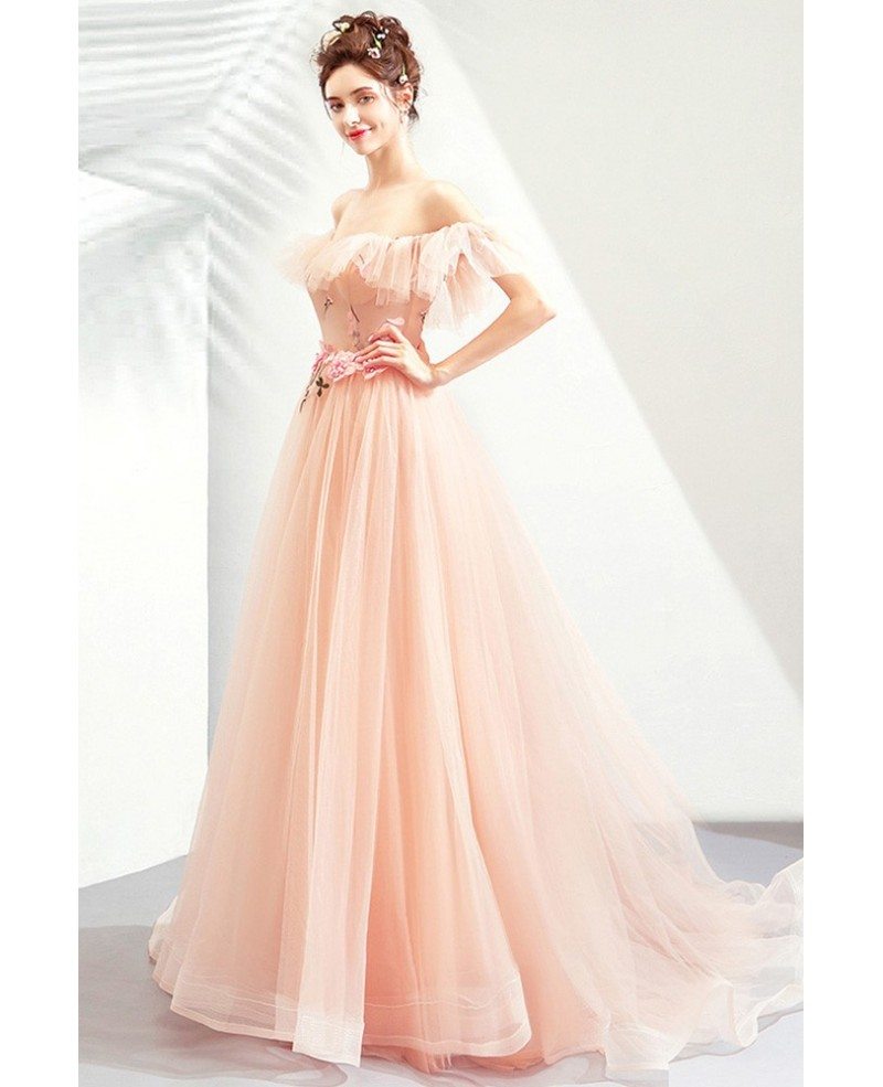 Pink Tulle Lace Off-the-Shoulder Ruffles Tiered Long Prom Dress –  Dreamdressy